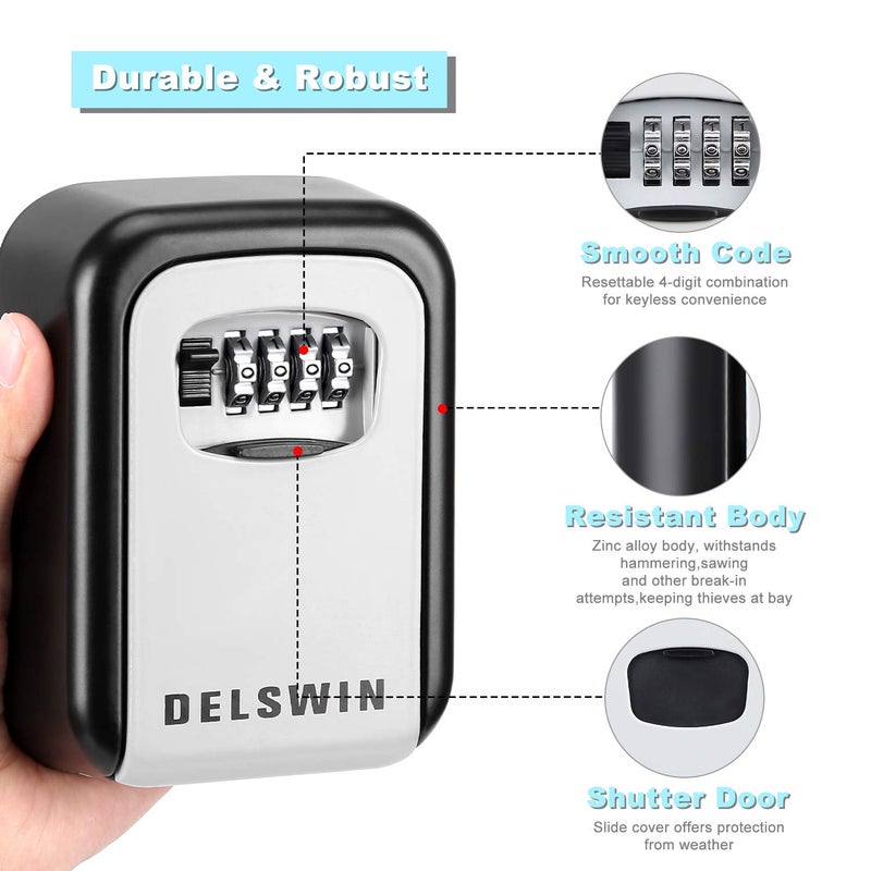 DELSWIN Wall Mounted Key Lock Box - Weatherproof Combo LockBox with 4-Digit Combination Key Storage Box for Home,Hotel,School,Office,Special Car Key - Image 4